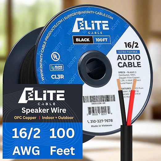 Elite 16/2 Speaker Wire 100ft, UL Listed, CMR/CL3R, (Riser/in-Wall & Outdoor/In-Ground (Direct Burial)- 100% Oxygen Free Pure Bare Copper (OFC), 16AWG/2-Conductor, 100ft Bulk Cable (65 Strands) Black