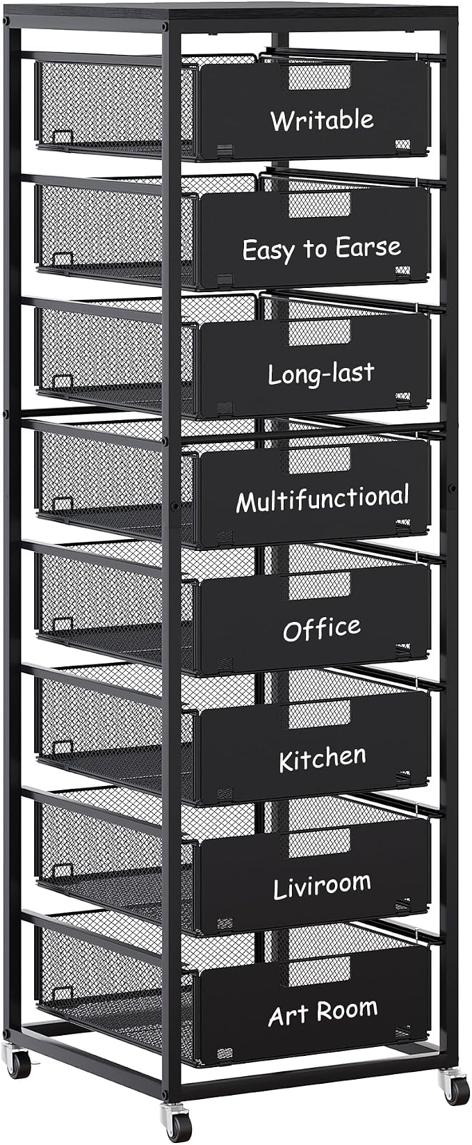 EasyPAG Rolling Storage Cart With 8 Drawers, Metal Craft Organizers And Storage Cart With Wood Tabletop, 30 Lbs Capacity Per Drawer For Home Office Classroom And Dorm, Black