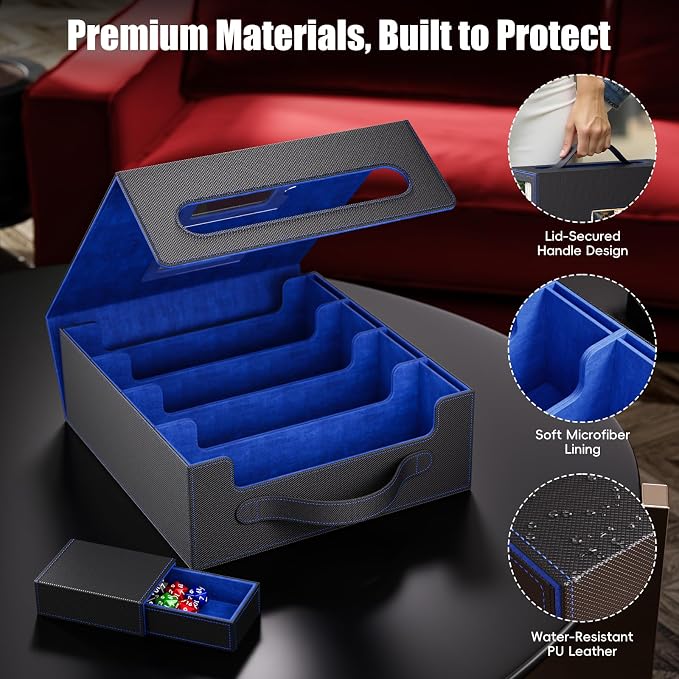 Trading Card Storage Box – 3500+ Magnetic MTG Deck Box with Handle,Commander & Toploader Display, Dice Box,4 Dividers & 30 Color Labels – Fits for TCG,MTG,Yu-Gi-Oh and Sport cards(Black/Blue)
