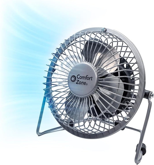 Comfort Zone 4-inch All-Metal Mini Desk Fan – High Velocity Portable USB Fan with 120V Wall Adapter, 360° Adjustable Tilt & Quiet Operation – Compact Electric Table Fan for Office, Home & Travel