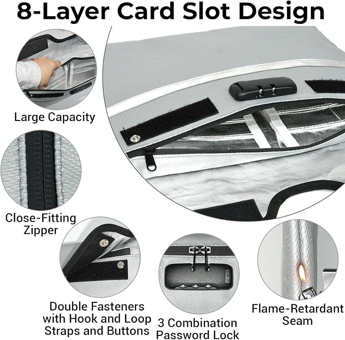 6200°F Fireproof Document Bag with Lock, 15x 11.8 Inch Fire Proof Bag for Documents, Fire Proof Money Bags Envelope with Reflective Strip, Water Resistant Fireproof Pouch with Zipper Silver