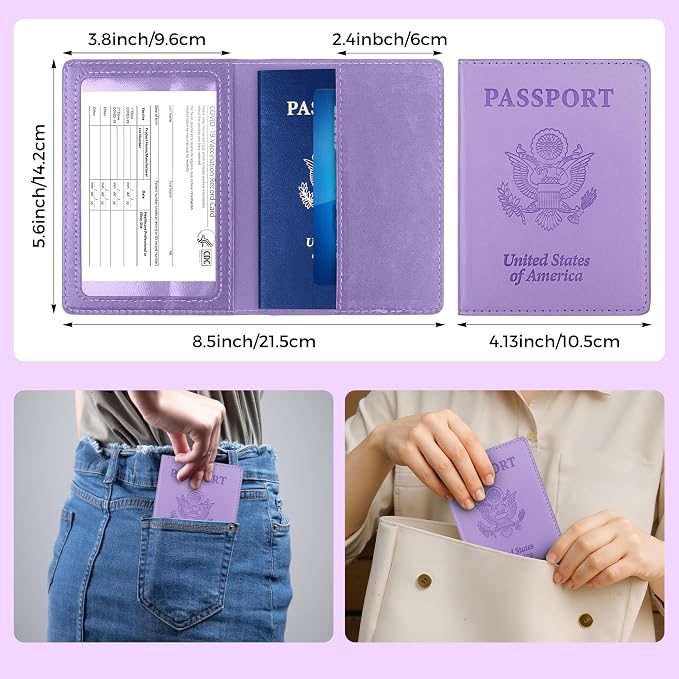 Passport Holder for Travel Men Women - Passport Cover, Passport Wallet Case Travel Essentials Travel Must Haves Accessories Blocking Leather Card Slot Protector for Stocking Stuffers Gifts, Purple