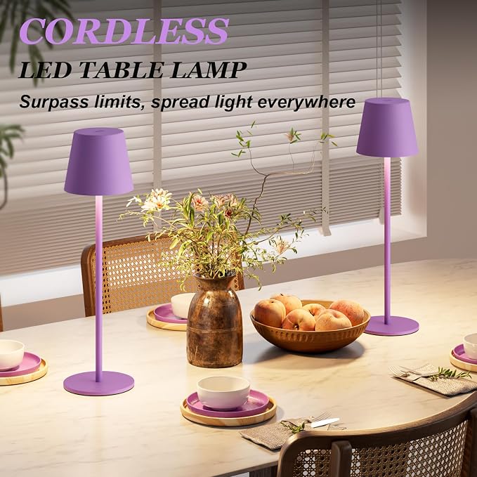 Kakanuo Cordless Table Lamp Rechargeable Purple - KK 2 Pack 5000mAH Battery Operated Lamp for Counter, 3 Color Stepless Dimming Wireless Lamp for Dining Kitchen, Outdoor Patio, Touch Control