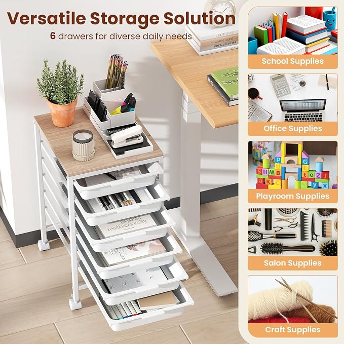 Giantex Rolling Storage Cart with 6 Drawers, Utility Cart w/Wooden Tabletop, Lockable Wheels, Multipurpose Organizer for Art Craft Books Paper, Drawer Carts for Dorm Classroom Office, White