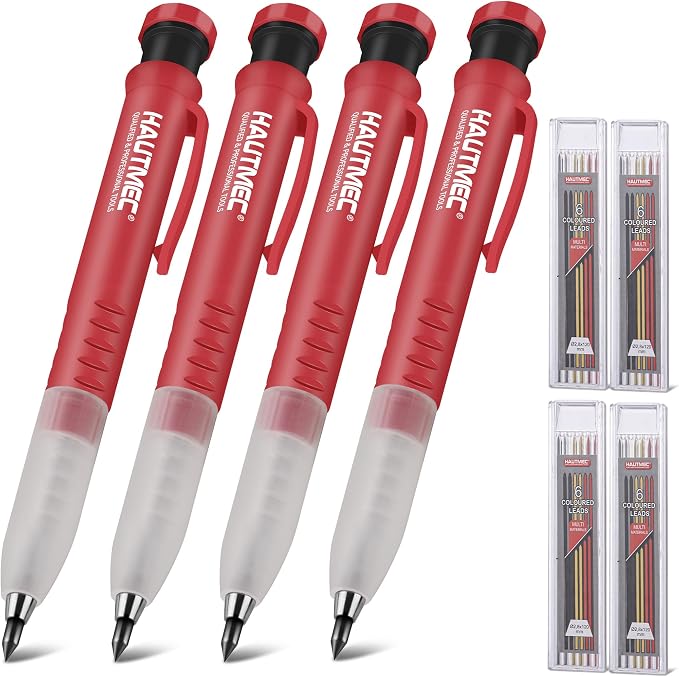 HAUTMEC Construction Pencil, Mechanical Carpenter Pencils with 7 Lead Refills, 2.8mm Heavy Duty Deep Hole Marker with Built-in Sharpener for Woodworking, Contractor & Electrician, HT0293