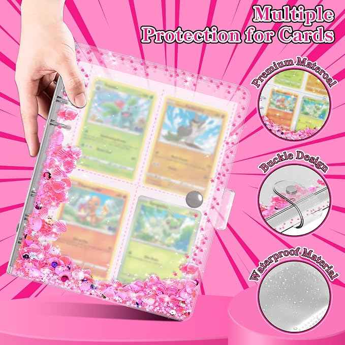 Transparent Pink Card Binder for Pokemon, Cute Card Binder for Game Cards Trading Cards, Small Card Booklet for 3~10 Year Girls Gifts, Stocking Stuffers (Holds 200 Cards)