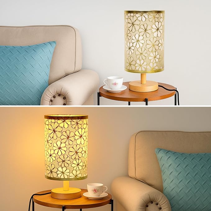 Desk Lamp LED Bulb Included, Small Bedside Table Lamp Plug-in - Classic Wood Base with Flaxen Fabric Shade, Lamps for Night Stands, Simple Nightstand Light for Bedroom, Office, Desk