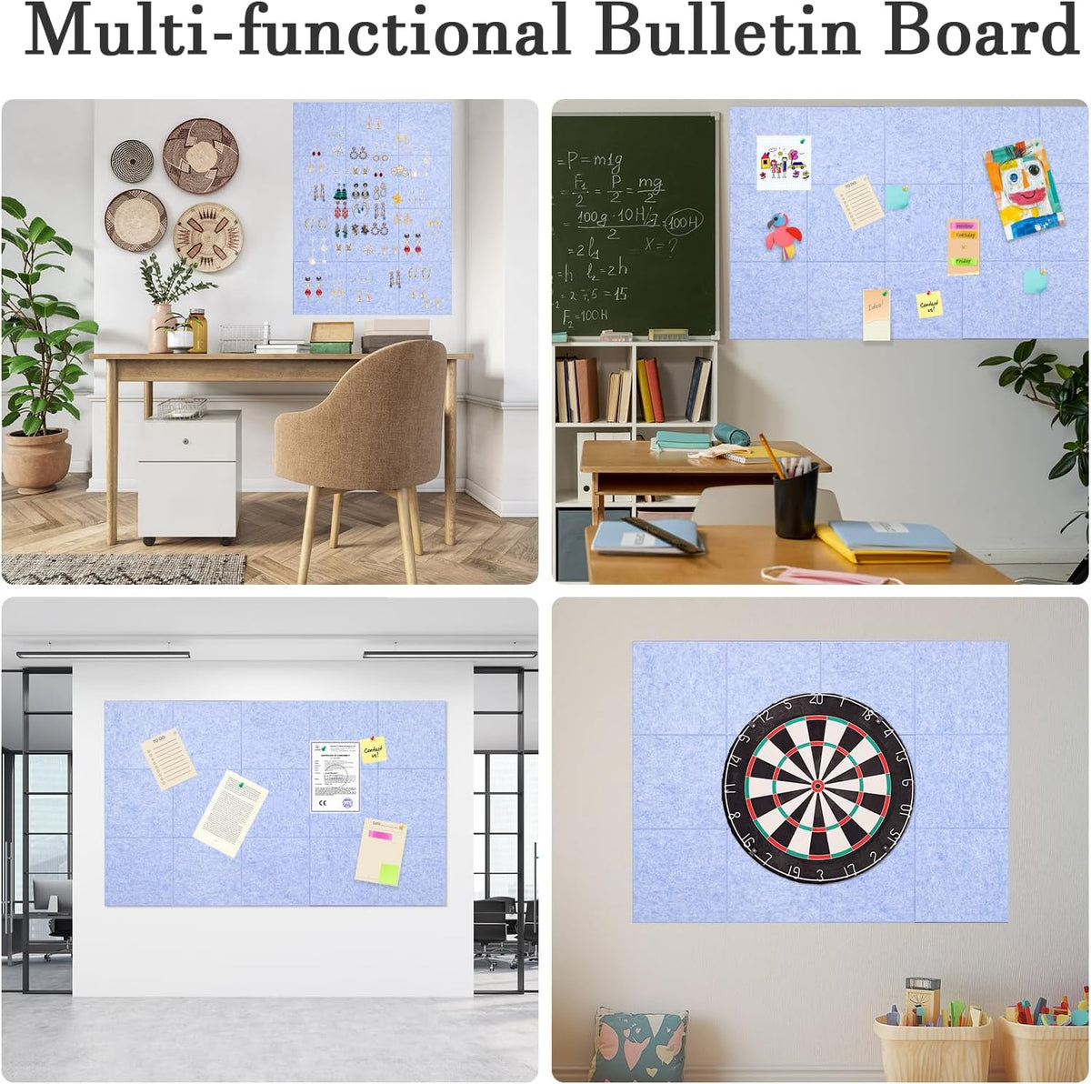 Large Cork Board Alternative, 12 Pack Felt Board with Safe Removable Adhesive Tabs Felt Wall Tiles, Large Cork Boards for Walls, Cork Board for Home Office, Pin Boards for Walls, Light Blue