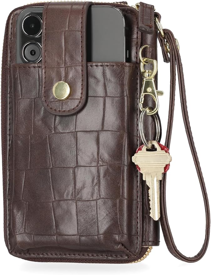 Mundi Jacqui RFID Crossbody Wallet for Women, Vegan Leather Small Travel Handbag with Phone Holder, Compact Organizer with Card Slots and Removable Strap, Espresso Croco
