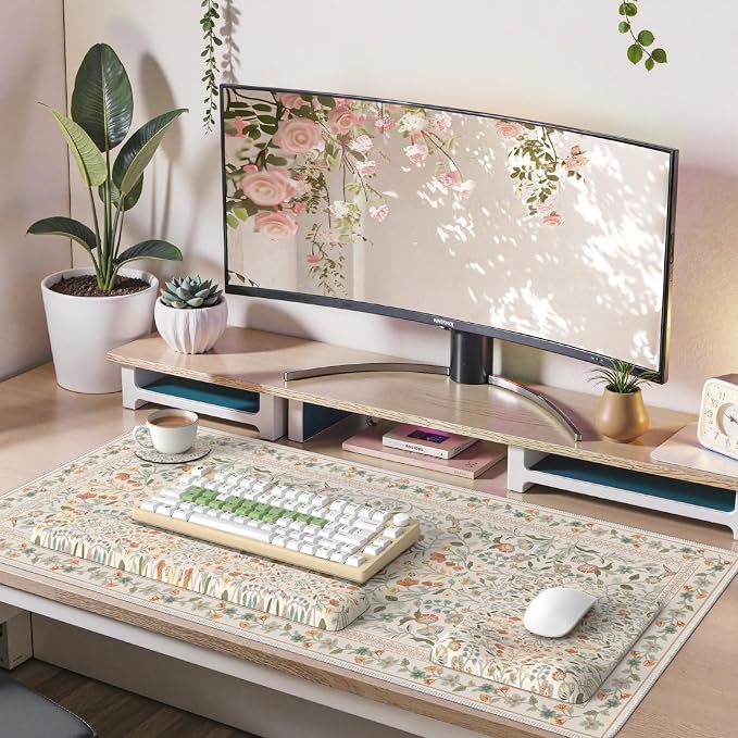 iCasso Mouse Pad with Wrist Rest,Ergonomic Large Desk Mat Set, Beige | Keyboard Pad with Wrist Support, Non-Slip Mouse Mat for Women, Cute Floral Computer Mat for Home Office Gaming