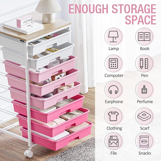 TOOLF Rolling Storage Cart with 8 Drawers,Rose Pink | Utility Cart on Wheels with Wooden Tabletop,Teacher Organization for Classroom, Art Cart for Office,Bedroom,Craft Room