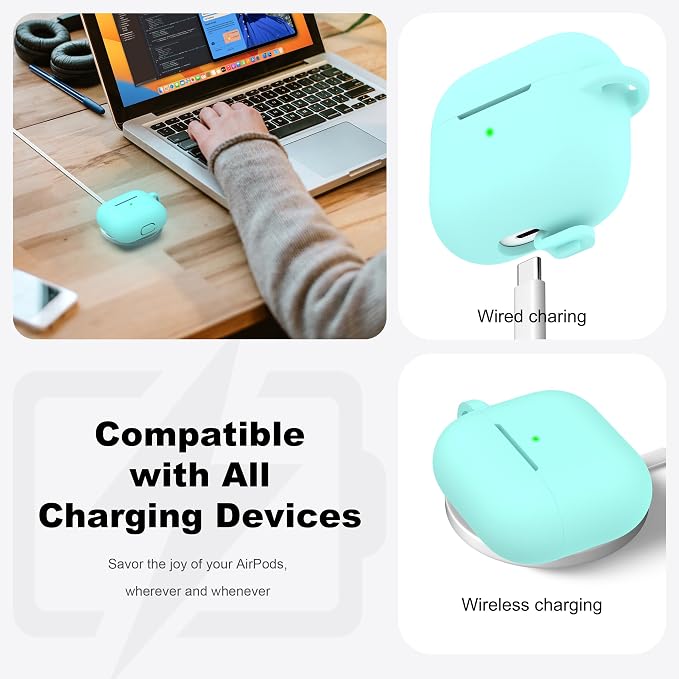 R-fun Compatible with AirPods 3 Case Cover, Silicone Protective Accessories Skin with Keychain Compatible with Apple AirPod 3rd Generation 2021 for Women Men Girls Boys,Front LED Visible,Glow Blue