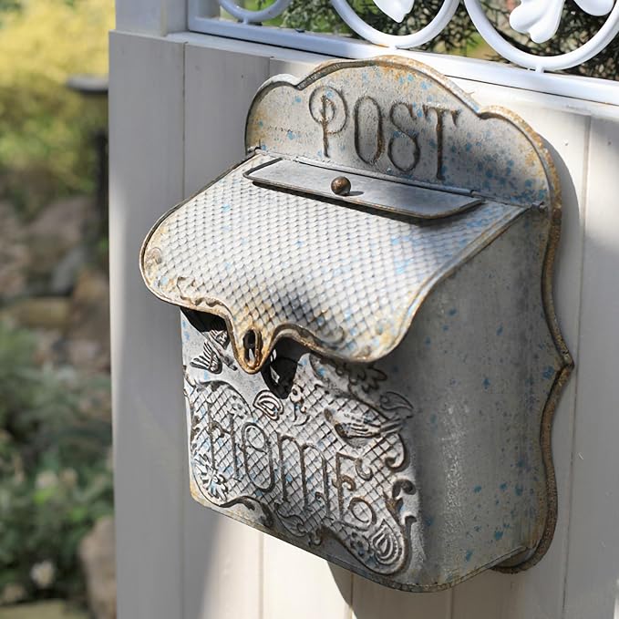 BIG FORTUNE Wall Mount Mailbox for House Outside Vintage Metal Door Mailbox Antique Style Nostalgic Charm Home Decor Garden Vintage English Cottage Decor Flower Patter (Grey)