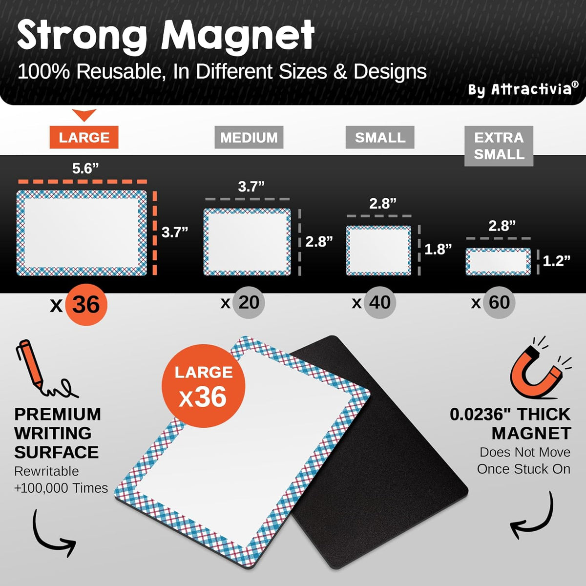 Dry Erase Magnetic Labels 5.6 x 3.7 in, Pattern Borders, Large Dry Erase Magnets, 36-Pack, Erasable Write-On All-Purpose Labels, for Office, Education, Home, Whiteboard