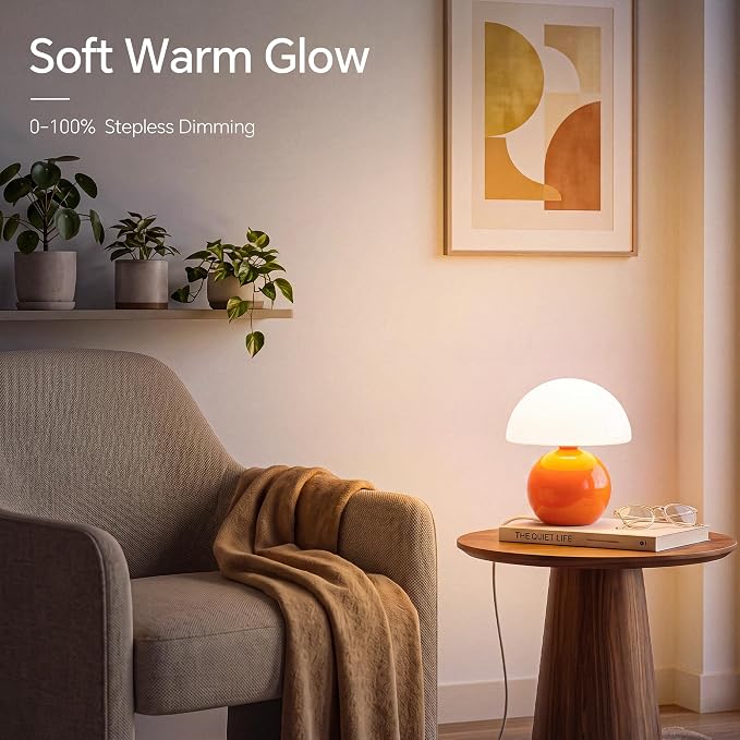 Mushroom Lamp Table Lamp for Bedroom-Small Desk Table Lamps,Orange | 8.7" Mid Century Modern Table Lamps for Living Room Bedroom Decor,Cute Ceramic Lamps for Mushroom Home Room Decor,Glass Shade