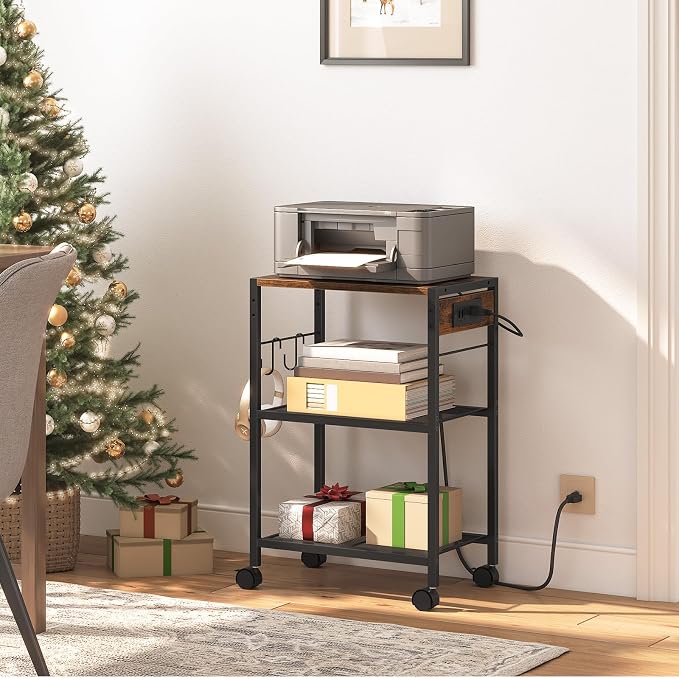 HOOBRO Industrial Printer Stand, 3-Tier Mobile Printer Table, Rolling Cart with Power Outlets and USB Ports, Home Printer Stand with 2 Hooks, for Office, Living Room, Rustic Brown BF22UPS01