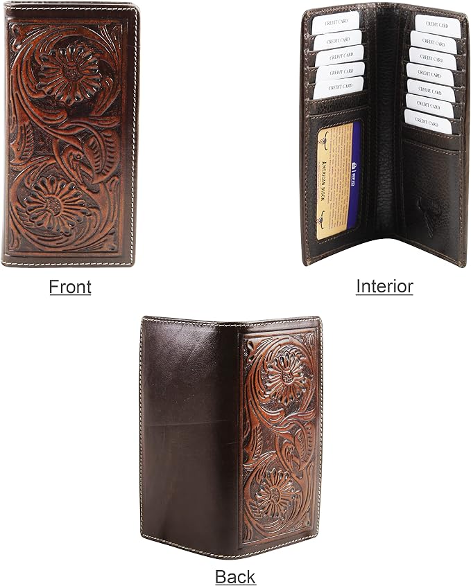 American Bison Arrigo Floral Design RFID Rodeo Wallet for Men – Hand-Tooled Cowhide Leather Wallet with Gift Box (Dark Brown)