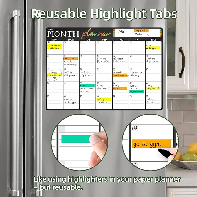 Magnetic Dry Erase Monthly Calendar - 17"x12" Monthly Calendar for Fridge - 36 Reusable Highlight Tabs - 6 Extra Fine Point Markers Included - Shipped Flat