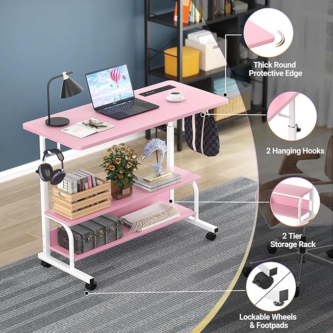 Armocity Height Adjustable Standing Desk with Power Outlets, 32" Manual Stand Up Desk with Storage Shelves Small Mobile Rolling Computer Desk Portable Laptop Table with Wheels for Home Office, Pink