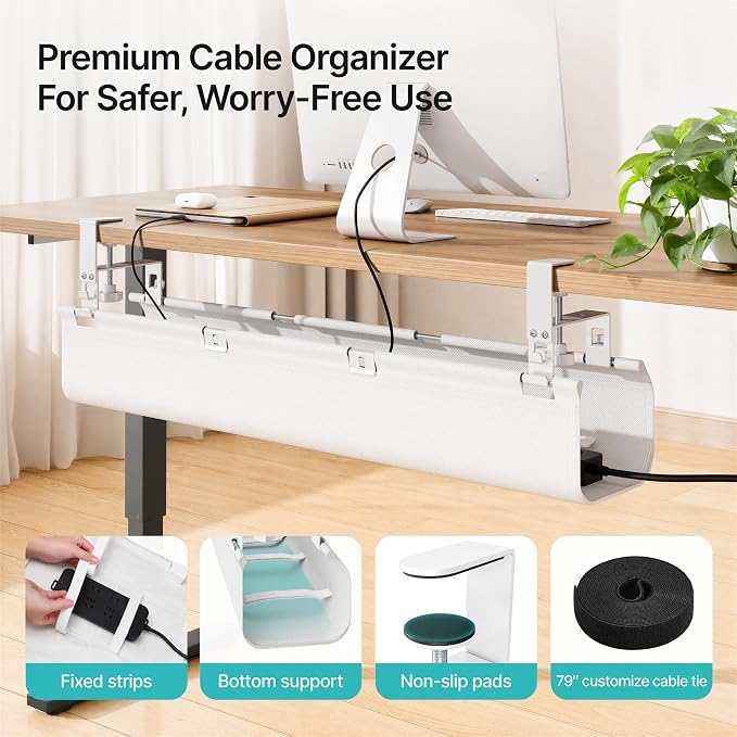 PEGZONE No Drill Under Desk Cable Management Tray, 31.5" Fabric Organizer | Clamp/Screw Premium Mount Cord Holder, for Power Strips, Adapters, with 2 Hooks & 1 Tie Roll for Home Office Gaming, White