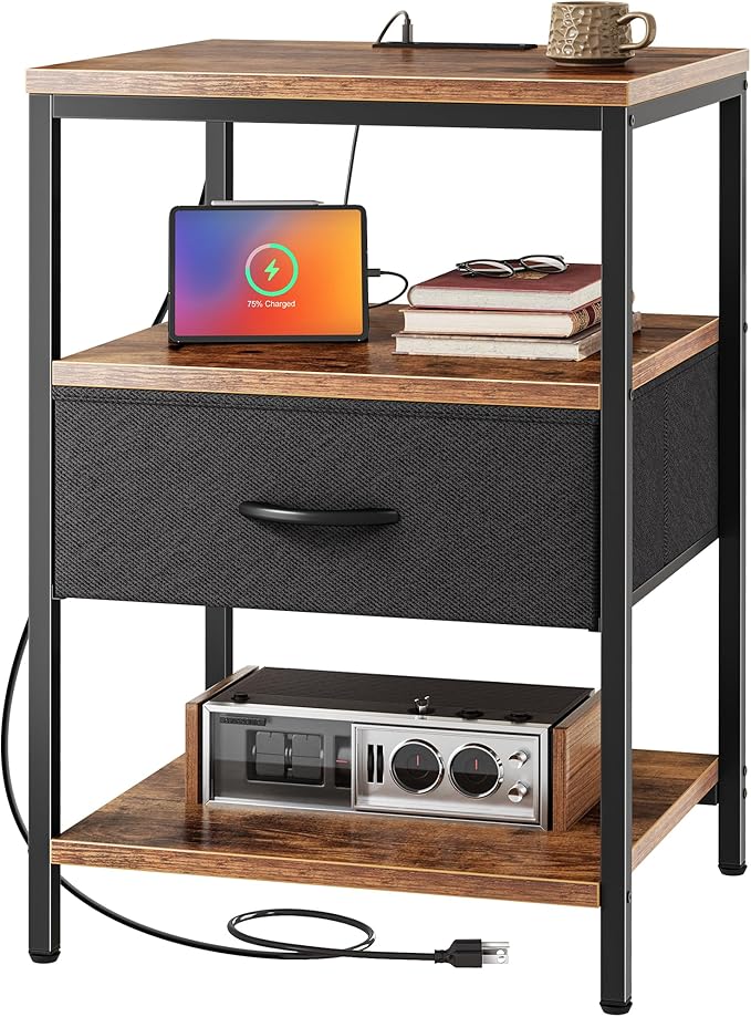 SUPERJARE Nightstand with Charging Station, USB-C Port, Bedside Table | 27.7 Inch Tall Nightstand with Adjustable Fabric Drawer, Large Dresser for Bedroom, Living Room, Rustic Brown & Black