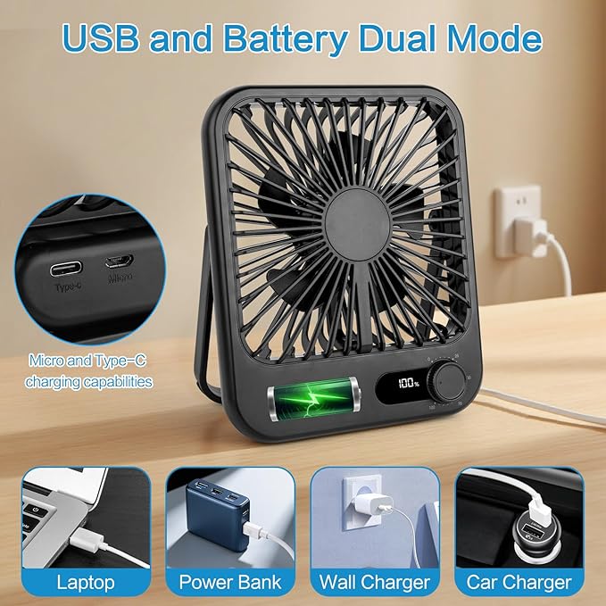 100-Speed Ultra-Quiet Desk Fan for Sleeping, 6.8" Rechargeable Portable Fan with LED Display, 180° Adjustable Head & Tripod Base - Battery/USB Powered Mini Fan for Office, Cruise, Travel (black)