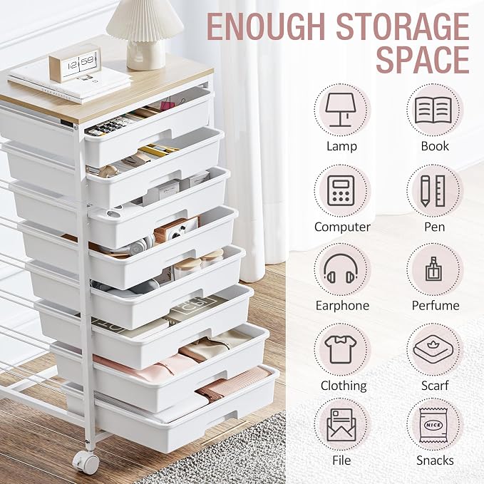TOOLF Rolling Storage Cart with 8 Drawers,White | Utility Cart on Wheels with Wooden Tabletop,Teacher Organization for Classroom, Art Cart for Office,Bedroom,Craft Room