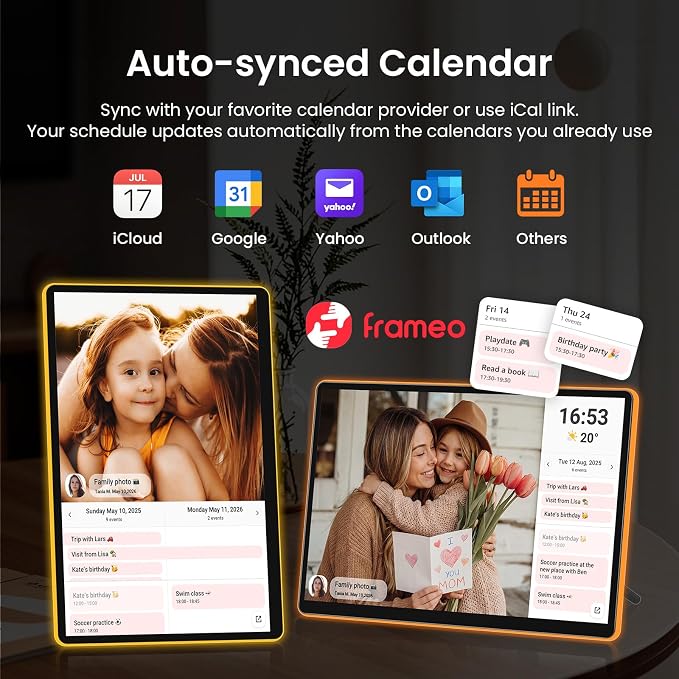 ApoloSign 14" Neon Light Digital Picture Frame, Desk Digital Calendar, Auto-synced Schedule via Frameo App - 2K FHD Touchscreen | AI Color-Changing LED | Share Photo/Video Instantly | Gift for Parents