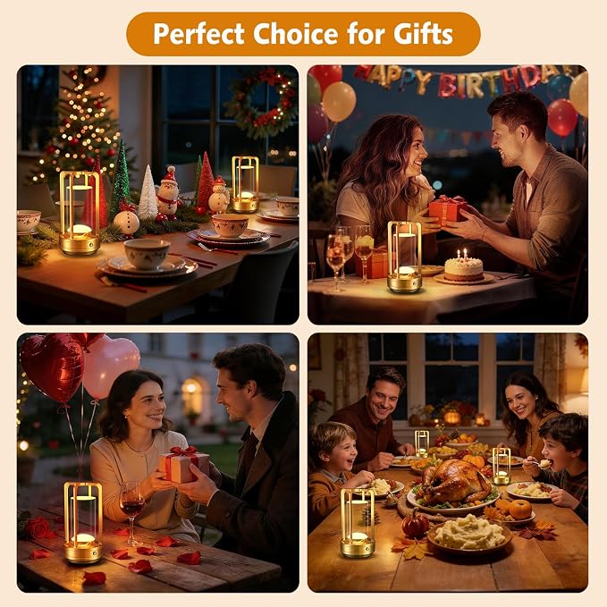Rechargeable Table Lamp for Outdoor Indoor Portable Lamp with 3 Colors | Cordless Table Lamps - Dimmable LED Metal Battery Operated Lantern - Small Table Lamp for Bedroom/Bar/Coffee Shop/Camping