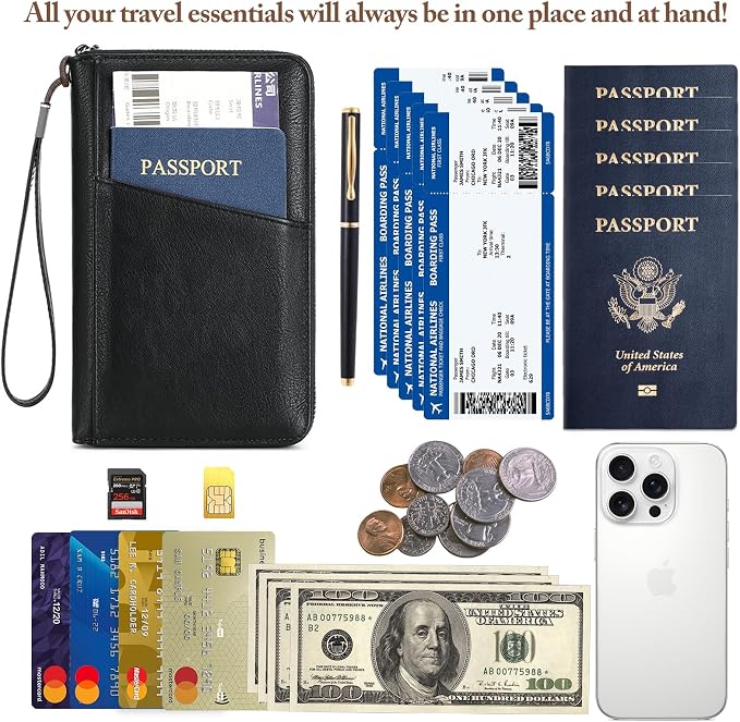 Family Passport Holder for Travel Women and Men Multiple RFID blocking Passport Holder MultiFunction Passport Wallet Passport Case Passport cover with Zipper