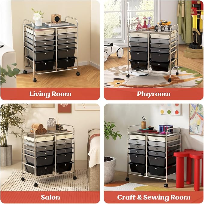 12 Drawer Rolling Storage Cart, Craft Cart Organizer on Wheels w/Metal Frame, Large Capacity & Smooth Drawer, Rolling Cart w/Drawers for Classroom, Office