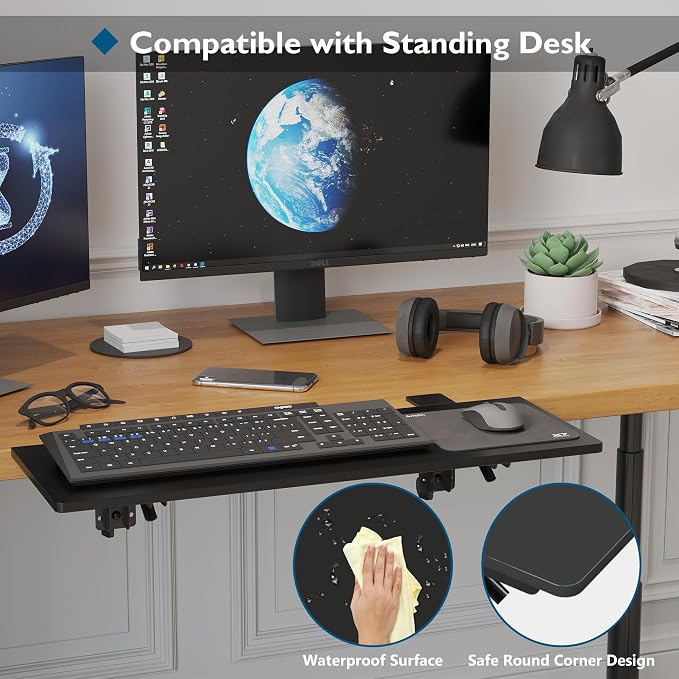BONTEC Ergonomics Desk Extender Tray, 27.2 x 9.5 Inch, Black Carbon Fiber | 90° Foldable Keyboard Tray Platform, Table Mount Arm Rest Shelf, Clamp on Computer Arm Rest for Office Use