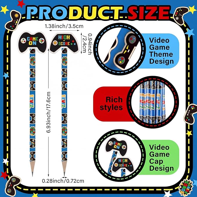 32 Pcs Video Game Themed Pencil with Eraser Video Game Party Favors Gaming Controller Stationery Supplies for School Classroom Exchange Gift Reward Prizes Adventure Vbs Party Supplies