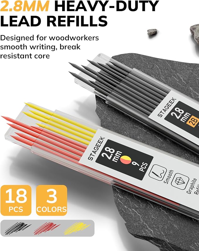 STAGEEK 2.8mm Mechanical Carpenter Pencils with Sharpener, Storage Case | 19 Refills, Construction Pencil Heavy Duty Woodworking Tools, Waterproof Deep Hole Long Nib Marker Pens for Architect Marking