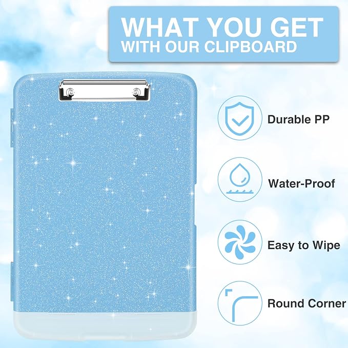 Sooez Glitter Clipboard with Storage, High Capacity Clip Boards 8.5x11 with Pen Holder, Cute Clipboards with Low Profile Clip, Sparkle Plastic Organizer Case Box for Women & Kids, Side Opening