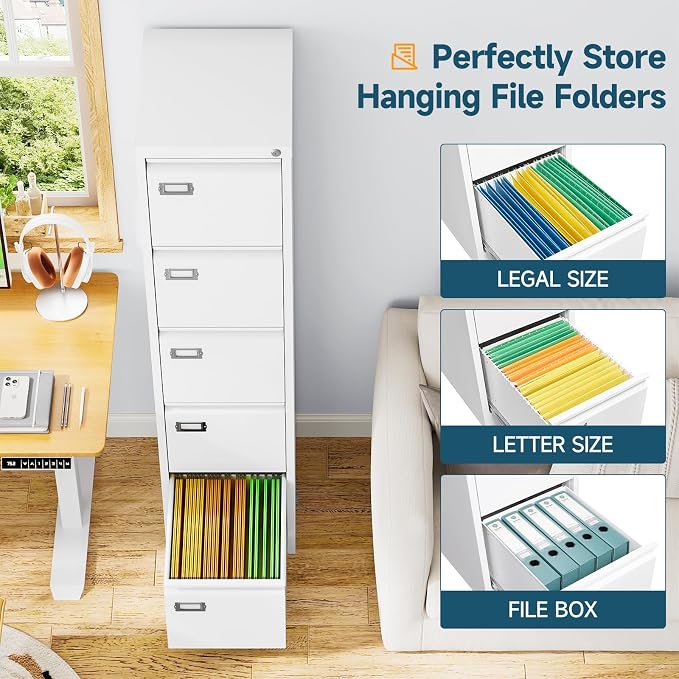 MIIIKO 5 Drawer File Cabinet with Lock, Metal Vertical Filing Cabinets for Home Office,File Folders Storage Cabinet for Letter Legal A4 File Size