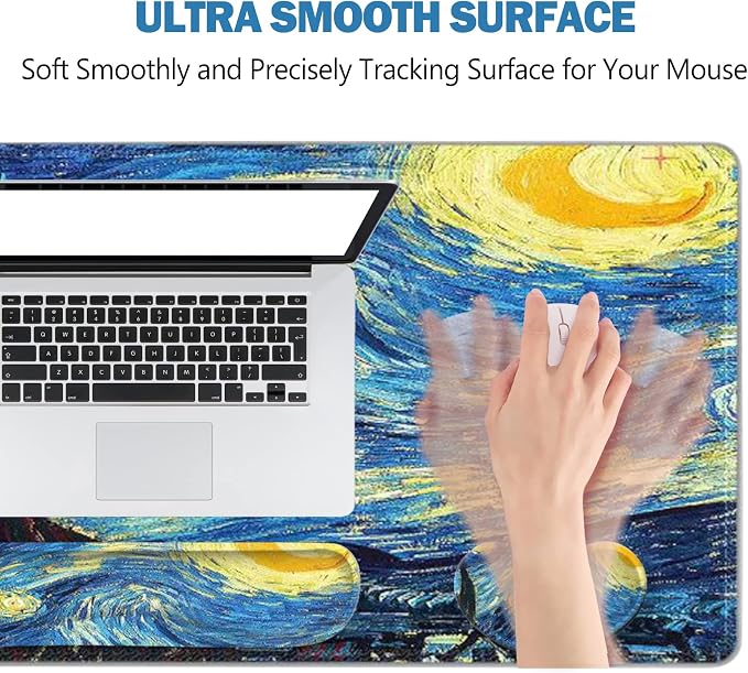 ToLuLu Large Mouse Pad, Memory Foam Keyboard Mouse Wrist Rest Support Set | Ergonomic Desk Mat with Stitched Edges, Gaming Extended Non-Slip Base Mousepad for Home Office, Van Gogh Starry Night