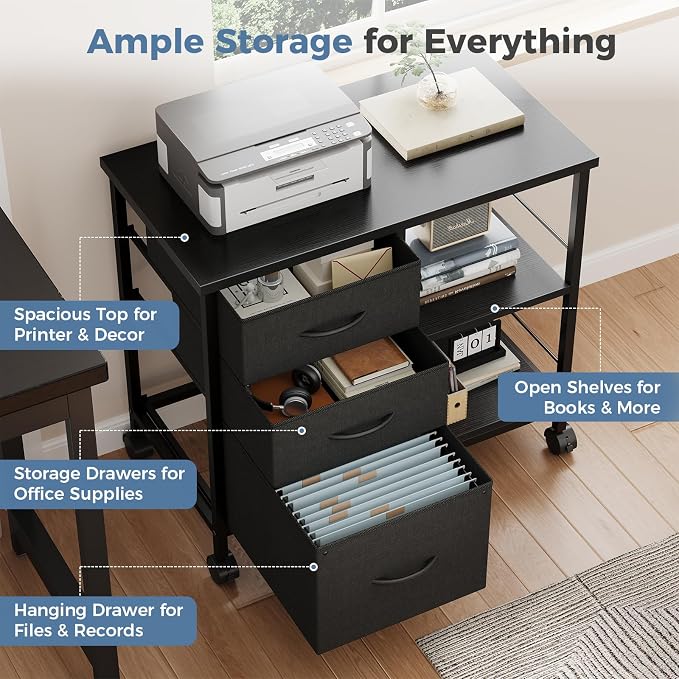DUMOS 3 Drawer Mobile File Cabinet, Space Saving Rolling Printer Stand | Freestanding Fabric Lateral Filing Cabinet Fits A4/Letter Size, Printer Cart with Open Storage Shelf for Home Office, Black