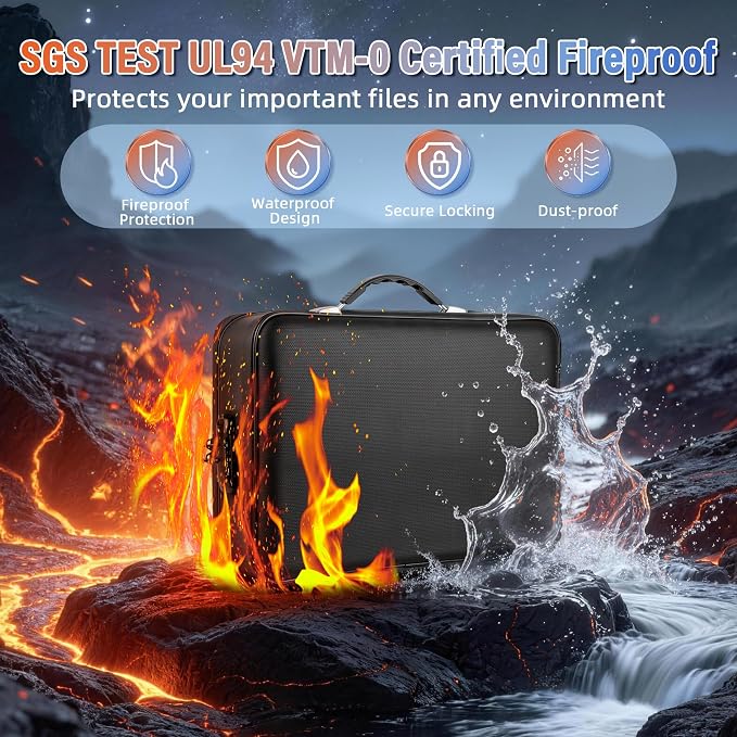 Fireproof Document Box with Lockable Zipper, Waterproof Hard-Shell Case, 13 Pockets Accordion File Folder, Multi-Layer Portable Travel, Home & Office Safe Storage Box for Important Papers, Cash (L)