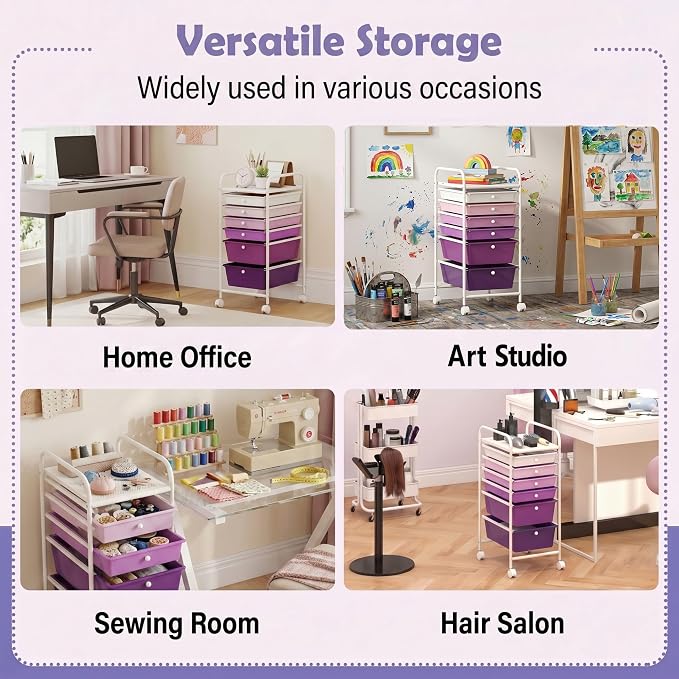 COSTWAY 6-Drawer Rolling Storage Cart, Art Craft Tools Organizer on Wheels | Multifunctional Heavy Duty Utility Mobile Storage Trolley w/ 2 Lockable Wheels for Home Office School (Purple Gradient)
