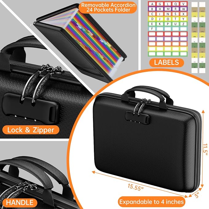 ENGPOW Fireproof Document Box with Lock & 25-Pocket Accordion File Folder | Fire&Water Resistant,Hard Case File Organizer with Handle,Portable Home Office Safe Storage for Important Documents,Laptop