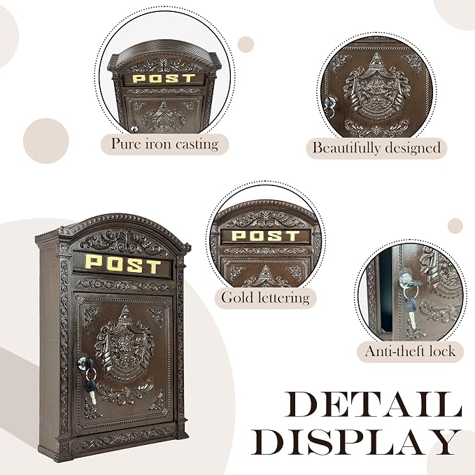 Vintage Lockable Mailbox, Heavy Duty Cast Aluminum Wall Mount Mailbox, Weatherproof Decorative Mail Box for Outside, Bronze Finish, Large Capacity