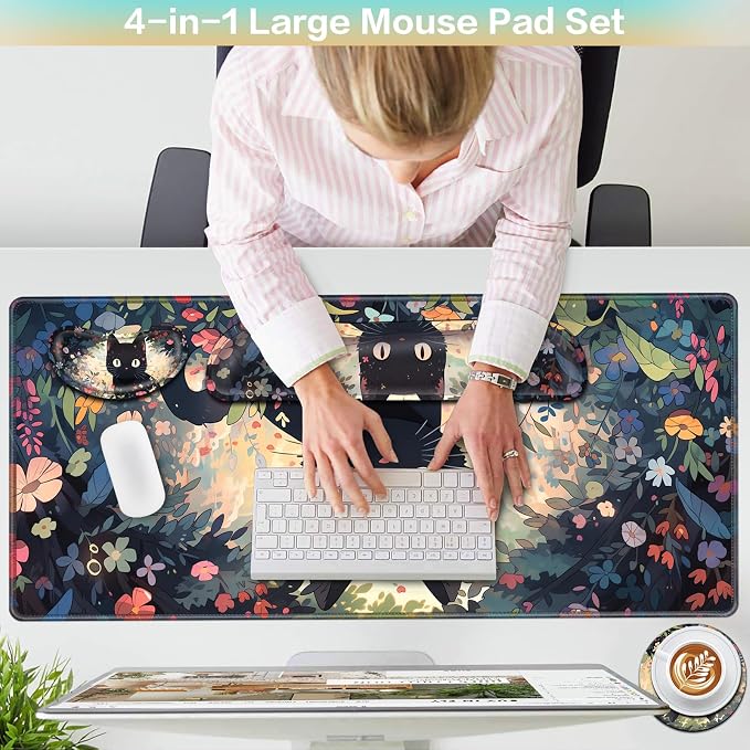 4-in-1 Mouse Pad Anime, Mouse Pad with Wrist Rest, | XXL Large Desk Mat Kawaii Mousepad with Gel Wrist Support Keyboard Wrists Rest Coaster, Ergonomic Gaming Cat Desk Pad