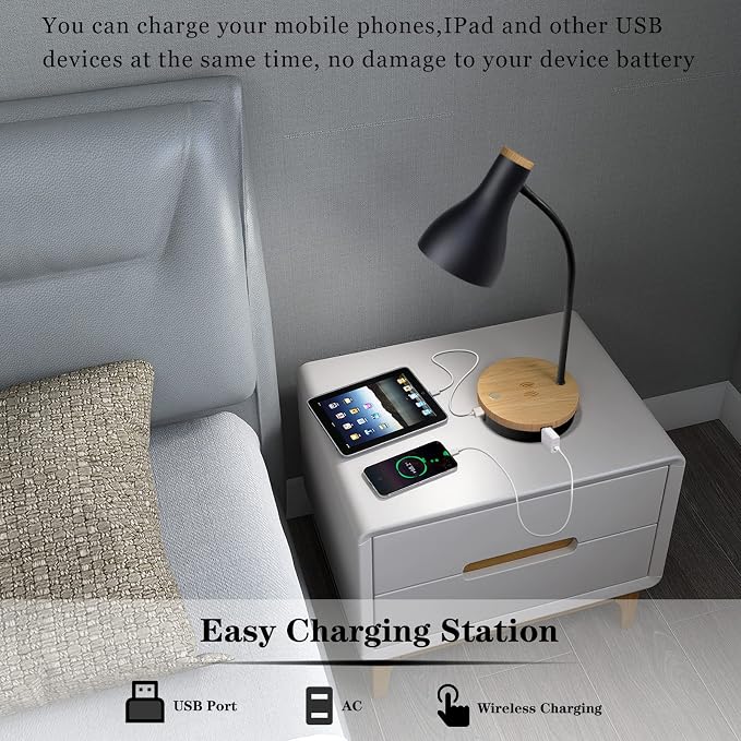 LALISU Metal Desk Lamp Wireless Charging Table Lamp Touch Reading Lights Arc Desk Lamps for Bedroom, 3 Way Dimmable Bedside Lamp with USB Charging Ports Lamp for Study Room and Office (Black)