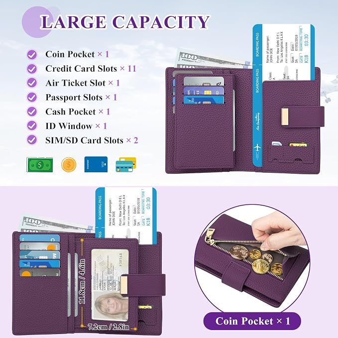 BKNOOU Passport Holder with Airtag Slot Travel Wallet Compact for Women Men, Leather Passport Wallet RFID Blocking Passport Holder for Travel with Zipper Coin Pocket, Holder Cash, Card (Purple)