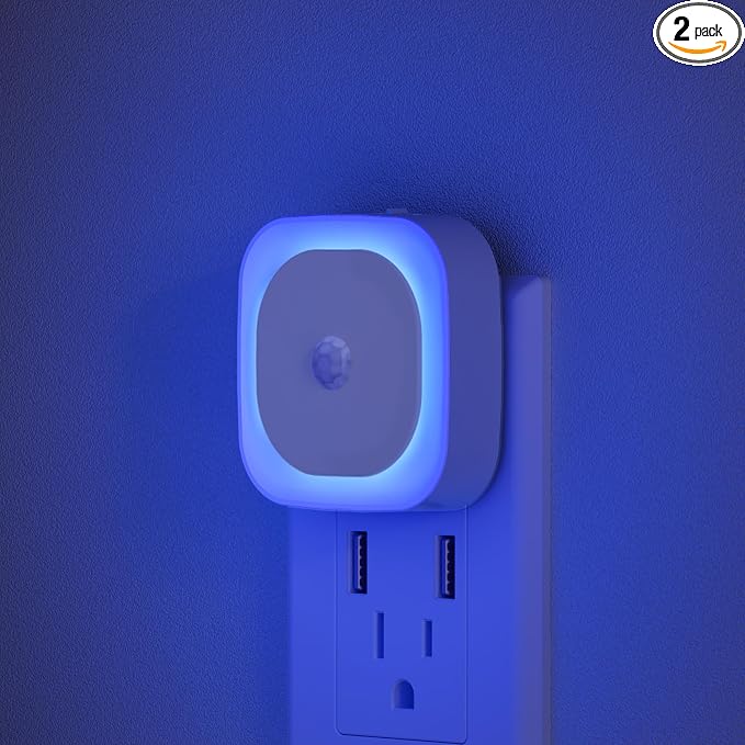 YUNLEX 2 Pack Plug in Night Light with Motion Sensor & Dusk to Dawn Sensor, 3 in 1 Blue Night Lights Plug into Wall, Dimmable Nightlight for Bathroom, Bedroom