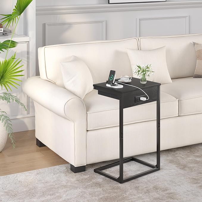 sthmec C Shaped End Table with Charging Station,45° Tiltable Adjustable Flip Top Side Table Set of 2,Small C Table Set 2 for Small Spaces,Slide Under Couch Sofa Bedside Table Living Room, Black