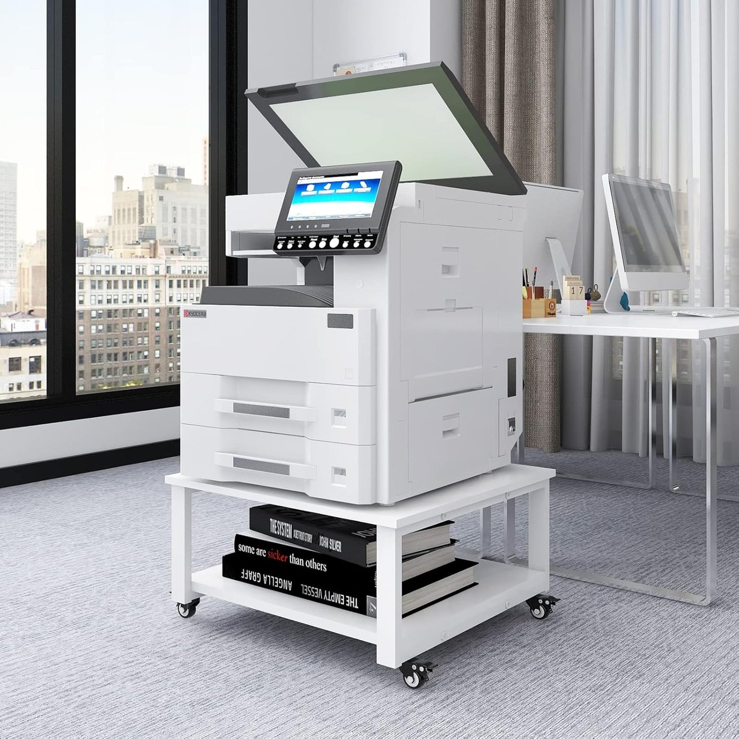 Natwind 2 Tier Laser Printer Stand,23.6''x23.6'' Large Printer Table,Copier Stand with Wheels, Heavy Duty Rolling Printer Cart with Paper Storage Shelf for Home Office (White)