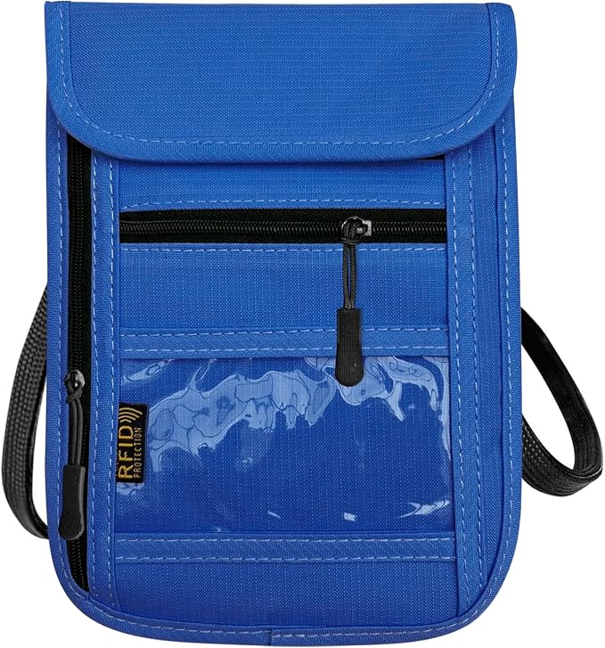 RFID Blocking Travel Neck Wallet Pouch and Passport Holder, Travel Neck Pouch Passport Holder for Women & Men - Blue