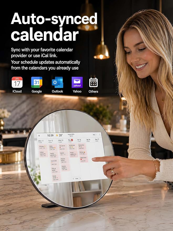 Frameo Digital Picture Frame WiFi Calendar 10.1" Mirror 3-in-1 Touchscreen Photo Frame, Auto-Synced Calendar, Share Photos & Videos via App, 32GB Wall/Tabletop for Parents Grandparents Home Gifts